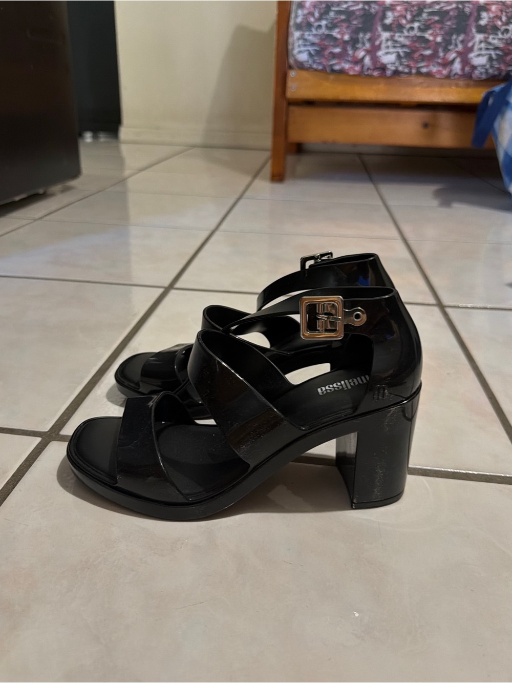 Melissa Black Patent Strappy Block Heel Sandals with Buckle Size 5